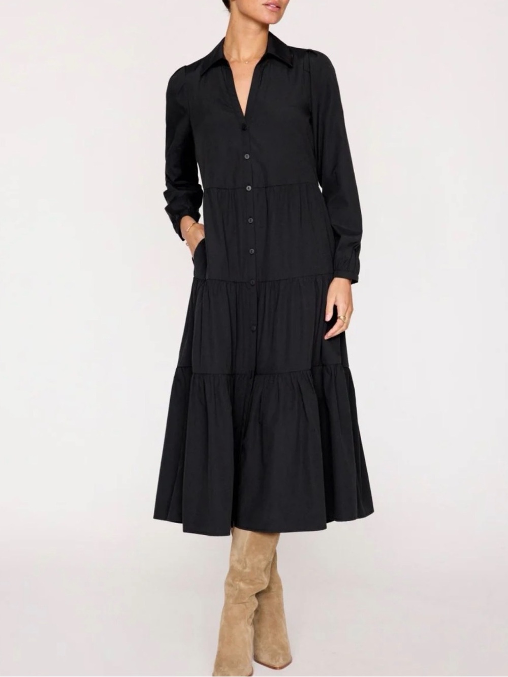 Brochu Walker Black Long-Sleeve Tiered Shirt Dress